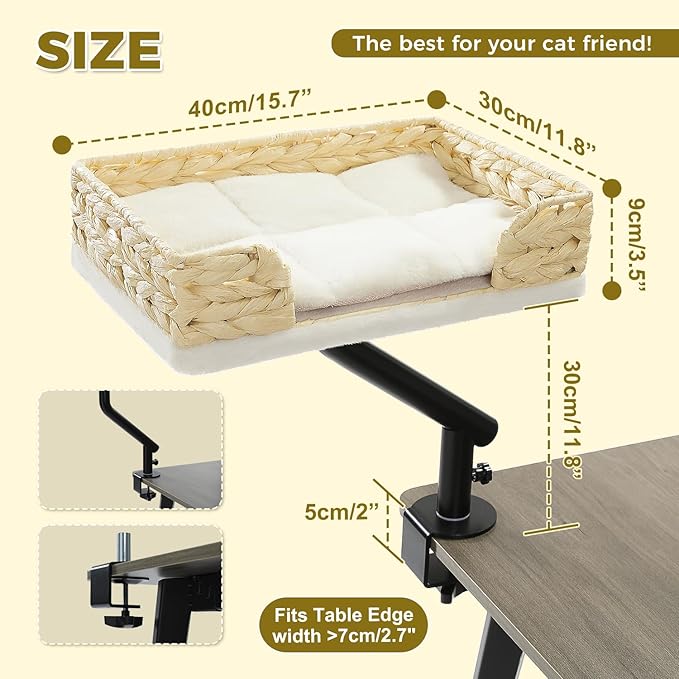 PAWZ Road Cat Desk Bed for Indoor Cats, Wicker Cat Bed for Desk Supports Up to 50 lbs, 360° Rotation & Adjustable Soft Plush Cats Hammock for Desktop, White