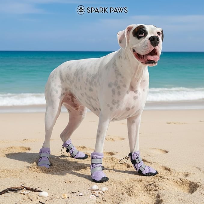 Spark Paws Dog Shoes, Waterproof Dog Boots for Medium to Large Dogs, Non Slip, Breathable Dog Booties and Paw Protectors - 4PCS Doggie Hiking Boots with Reflective Straps - Lilac - Size 7