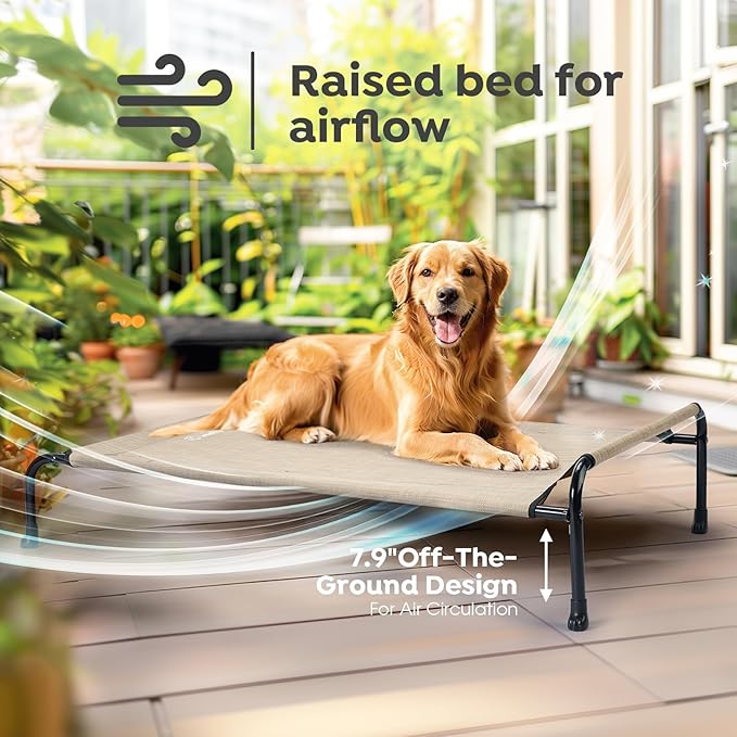 Veehoo Original Elevated Dog Cot Bed - Outdoor Raised Dog Bed, One-Sided Raised Headboard Cooling Pet Sleeping Training Cot, Non-Slip & Breathable, XL