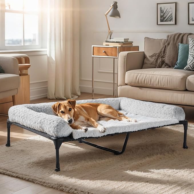 Veehoo Cooling Elevated Dog Bed Add Removable Deluxe Rose Plush Bolster Cushion Mat, 53" x 33" Washable Dog Couch Bed, Raised Pet Cot with Breathable Teslin Mesh, No-Slip Feet, Grey, CWC2439B