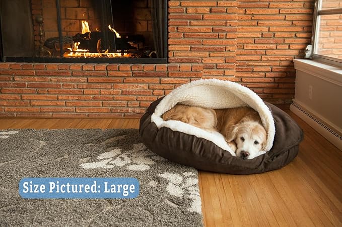 Snoozer Luxury Cozy Cave Dog Bed - Indoor Dog Bed with Cover Cave, Covered Calming Burrow for Small & Medium Sized Pets with Blanket Attached, Enclosed, Washable - Large, Hot Fudge