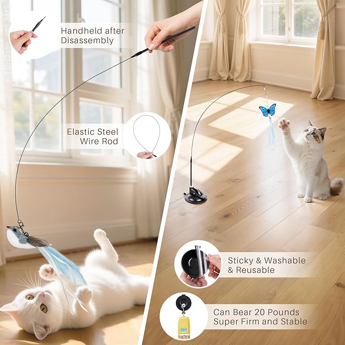 HONGDDY Interactive Bird Simulation Cat Toys,4 in 1 Cat Toys for Indoor Cats, 4 Replacement Birds,Hanging Door Kitten Wand with Suction Cup Removable Feathers Balls Mice Butterfly Streamers