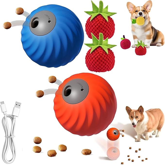 Zoomie Buddy 2.0, Zoomie Buddy for Dogs, 2 in 1 Smart Touch Interactive Dog Balls & Pet Feeder, 2.83" Diameter, Suitable for Small/Medium Dogs, with Fruit Plush Cover (Blue+Orange, Tomato)