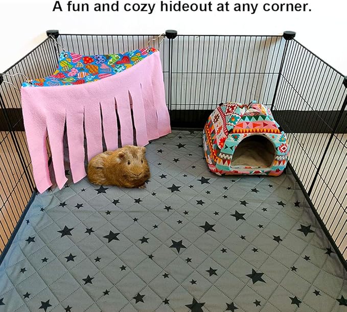 RIOUSSI Guinea Pig Hideout Hideaway Corner Fleece Toys Cage Accessories with Reversible Sides, Heart/Gray+Pink x 1 Curtain