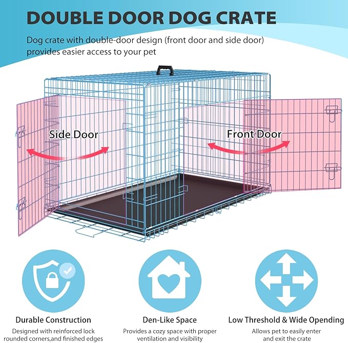 BestPet | Dog Crate | 36" | Blue | Foldable Metal Kennel with Double Doors, Secure Slide-Bolt Latches, Leakproof Tray | Portable Dog Cage for Medium Sized Breeds | for Travel, Indoor & Outdoor Use