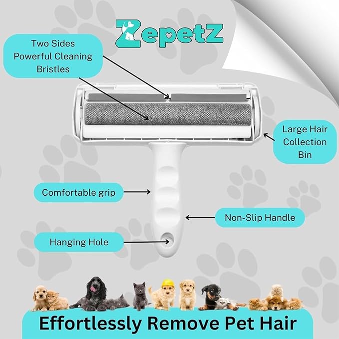 Pet Hair Removal Tool โ Reusable Lint Roller for Dogs & Cats โ Self-Cleaning Fur Remover Brush โ Ergonomic Lint Roller for Carpet, Bedding, Couch, Car Seat & More (White)