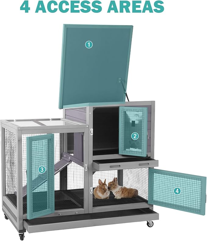 Rabbit Hutch Indoor for 2-4 Rabbits & Guinea Pigs,Bunny Cage with Slide-Out Plastic Trays,Wooden Small Animal Cage for Rabbits, Bunnies, and Guinea Pigs (Light Grey)