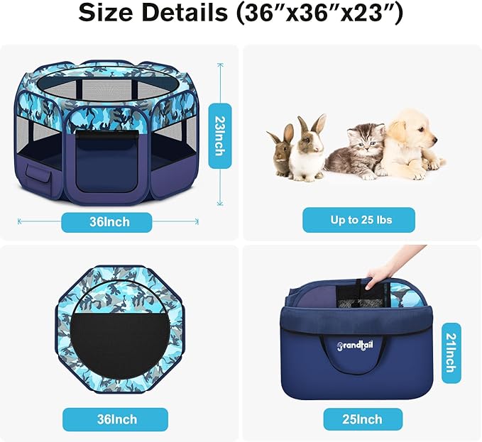 Dog Playpen, Pet Playpen, Portable Cat Playpen, Foldable Puppy Playpen Exercise Kennel Tent with Carry Case Collapsible Bowl,Water-Resistant Shade Cover for Indoor Outdoor Travel (Bule,Medium)