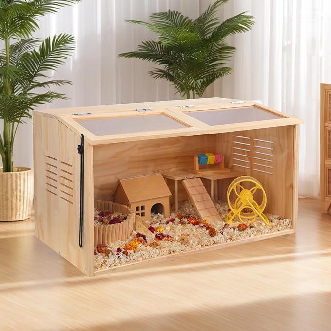 Wooden Hamster Cage,48" Lx20 Wx20 H,Animal Cabinet for Dwarf Syrian Hamsters Degus, Hamster Habitat with Openable Top and Large Acrylic Sheets.