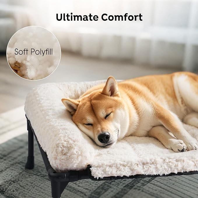 Veehoo Cooling Elevated Dog Bed Add Removable Deluxe Rose Plush Bolster Cushion Mat, 41" x 27" Washable Dog Couch Bed, Raised Pet Cot with Breathable Teslin Mesh, No-Slip Feet, White, CWC2439B