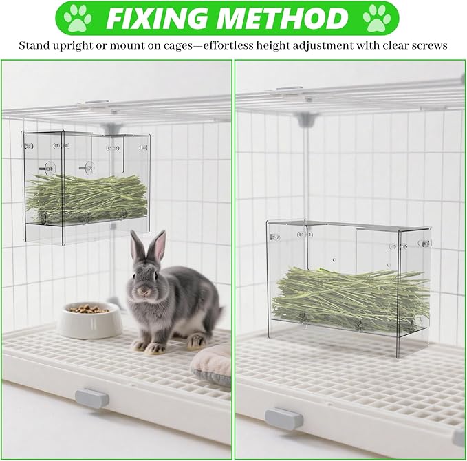 Acrylic Rabbit Hay Feeder with Lid, Transparent Hanging Food Dispenser Hay Feeder for Bunny Rabbits Guinea Pig Cage Chinchillas Hamsters Small Pets and Animals(Medium