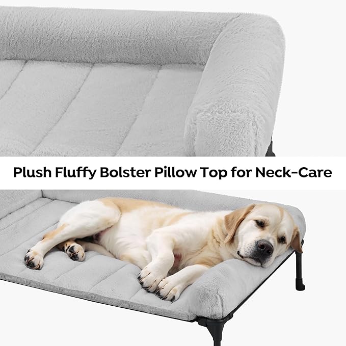Veehoo Cooling Elevated Dog Bed with Fluffy Plush Bolster Cushion, Indoor Raised Dog Beds for Large Dogs, Soft Pet Sofa Cot with Removable Washable Mat, No-Slip Feet, 32 x 25 inches, Grey