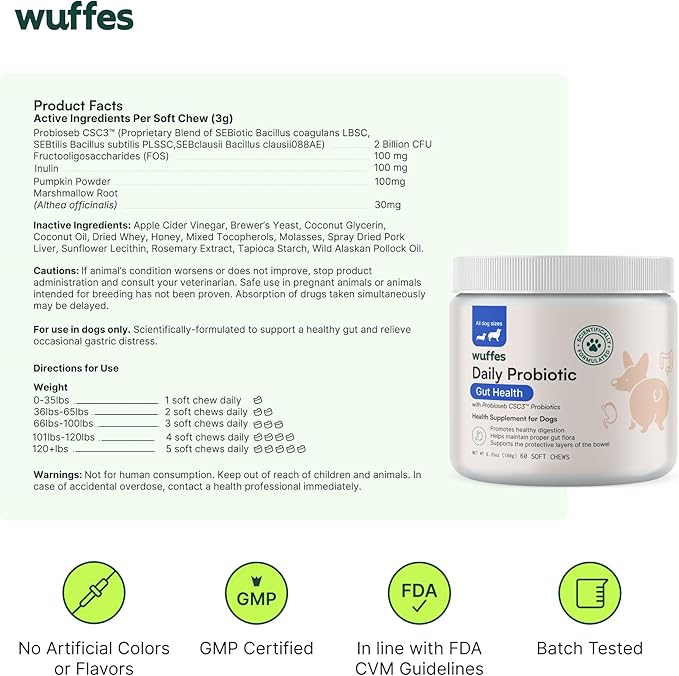 Wuffes Daily Probiotic for Dogs - Supports Digestive Health, Gut Balance, and Immune System - with Prebiotics, Marshmallow Root, and Pumpkin Powder (120 Chews (Pack of 2))