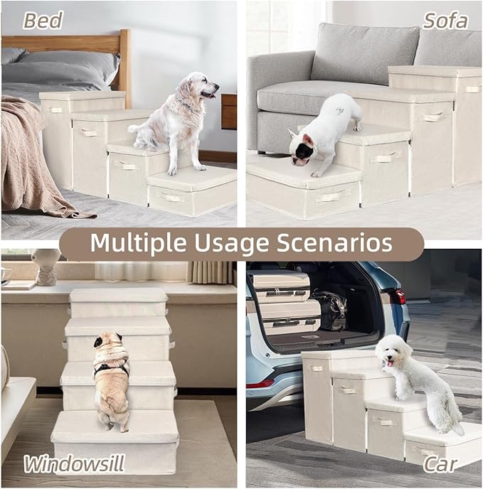 Dog Stairs with Storage, 4-Step Folding Pet Steps for Small Dogs and Cats, Pet Steps Storage with Zip, Pet Stairs for High Bed, Couch and Car Ramp (Beige, 4 Steps no Condo)