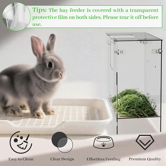 Acrylic Rabbit Hay Feeder with Lid, Transparent Hanging Food Dispenser Hay Feeder for Bunny Rabbits Guinea Pig Cage Chinchillas Hamsters Small Pets and Animals(Medium