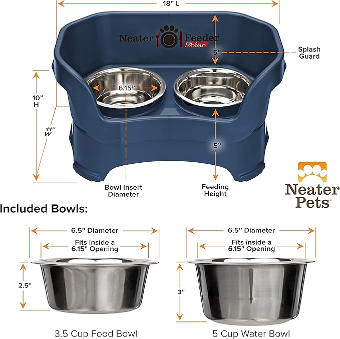 Neater Pet Brands Neater Feeder Deluxe Mess Proof Dog Bowls Elevated for Medium Dogs 19-40 lbs, Made in USA, No Spill Raised Dog Food Bowl Stand Feeding Station, Food and Water Bowl Set, Dark Blue
