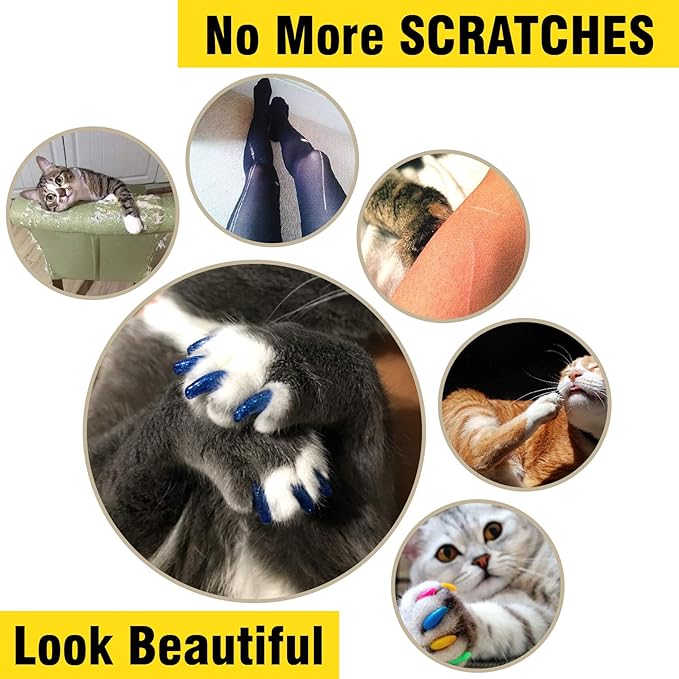 zetpo 100 pcs Cat Nail Caps | Cat Claw Covers | with Adhesives and Applicators (XS, Turquoise, Sky Blue, Purple, Rose, Orange Peel)