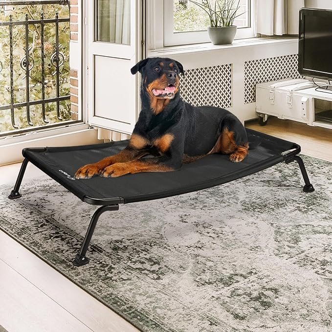Veehoo Outdoor Elevated Dog Bed, Cooling Raised Dog Cot Bed XL, Portable Waterproof Curved Dogs Hammock Beds for Outside, up to 150lbs, Black Legs, Black 49"