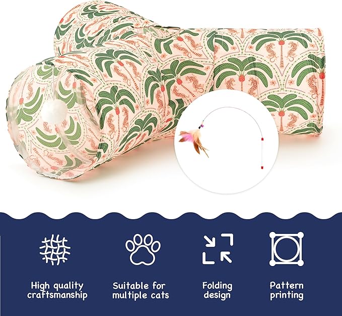 Tempcore Pet Cat Tunnel Tube Cat Toys 3 Way Collapsible, Cat Tunnels for Indoor Cats,Kitty Tunnel Bored Pet Toys Peek Hole Toy Ball Puppy, Kitty, Kitten, Rabbit Khaki Coconut Tree