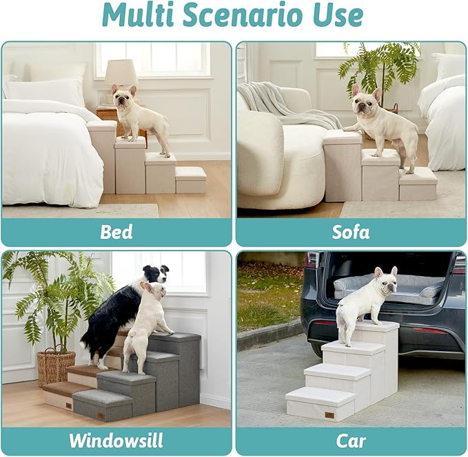 Dog Stairs with Storage, 3-Step Wider Sturdy Dog Steps for Small/Medium/Large Dogs and Older Cats, Folding Doggie Ramp for Bed/Couch/Car Hold Up to 180 lbs (16.7" H, Beige)