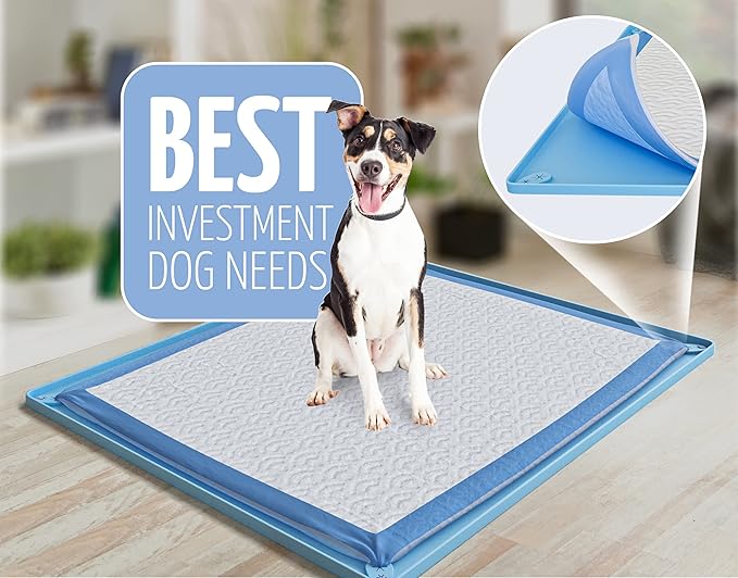 Skywin TidyFriend Dog Pee Pad Holder Tray Fits for 30” x 23” Pee Pads with Corner Lock Holes, Raised Edges, Non-Spill, Easy to Clean Silicone Dog Potty Tray Holder, for Indoor Floor Protection (Blue)