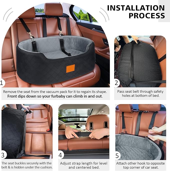 Dog Car Seat for Medium Dogs Up to 50 lbs, Pet Booster Seat for Cars SUVs and Trucks, Travel Dog Bed with Safety Strap, Thick Cushion, Non-Slip Base, Washable and Portable(Black/Gray