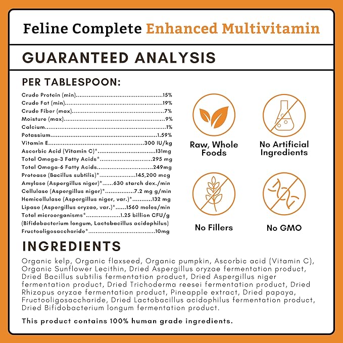 Wholistic Pet Organics Feline Complete Organic Pumpkin - 8 Oz - Multivitamin & Probiotic Powder for Cats - Natural Cat Food & Digestive Support