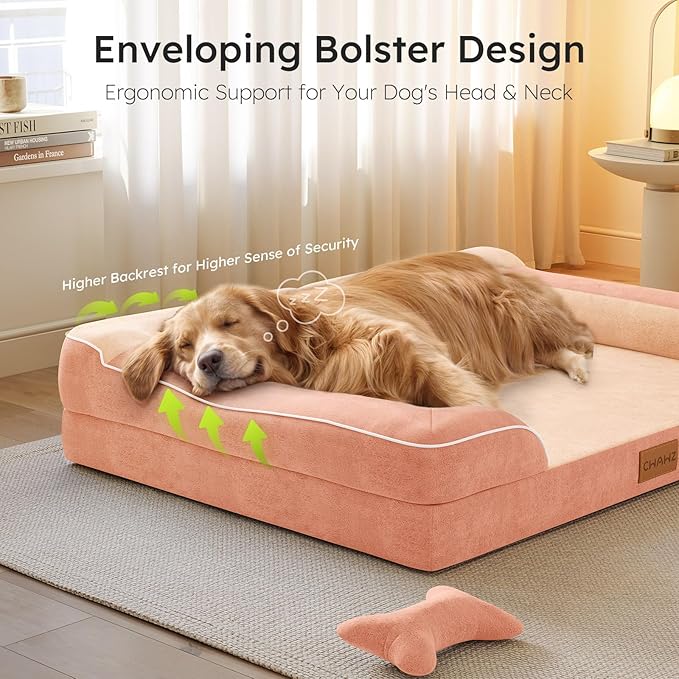 XXL Dog Bed for Extra Large Dogs, Giant Orthopedic Dog Bed with Cooling Gel Memory Foam, Waterproof Pet Bed with Removable Washable Cover, 53" Pet Sofa bed Dutch Velvet with Bone Toy, Peach Pink