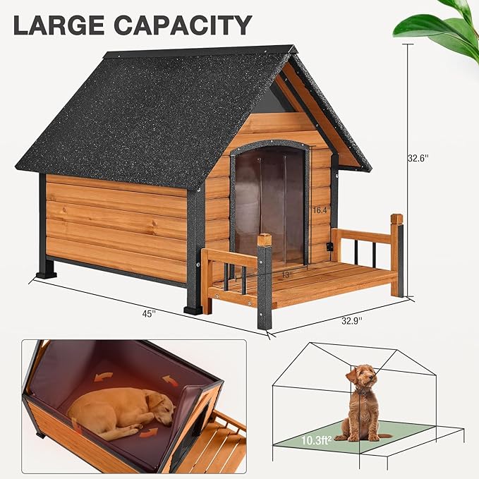 Dog House with Insulated Liner Outdoor Indoor All-Around Iron Frame Design Dog House with Porch&Raised Feet for Small Medium Large Dogs(Brown)