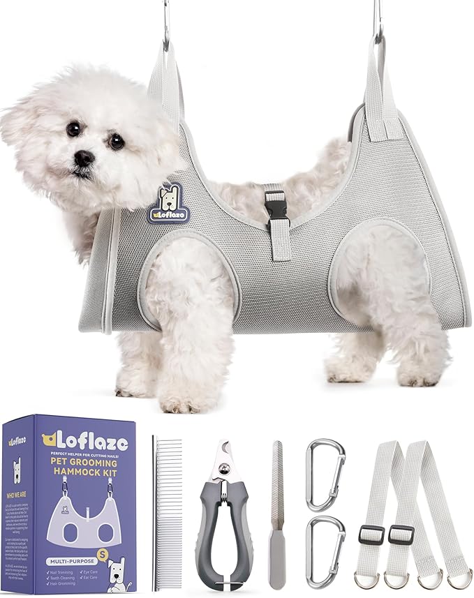 Dog Grooming Hammock Harness for Dogs & Cats with Pet Nail Clipper Trimmer - Cat Hanger Sling for Trimming Clipping Nails- Dog Hammock Restraint Bag for Small Medium Large pet ( Grey S )