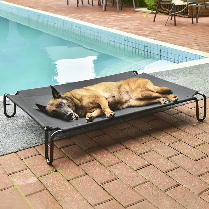 pettycare Elevated Outdoor Dog Bed - Raised Bed for Large Dogs, Waterproof Cot Easy to Assemble, Cooling Elevated Cot with Breathable Teslin Mesh, Durable, Non Slip, Up to 65 lbs,Black