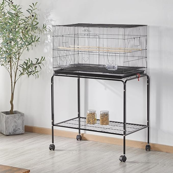 Yaheetech 47-inch Rolling Breeding Flight Bird Cages for Parakeets Budgies Finches Cockatiels Conures Lovebirds Canaries Parrots w/Detachable Stand, Black