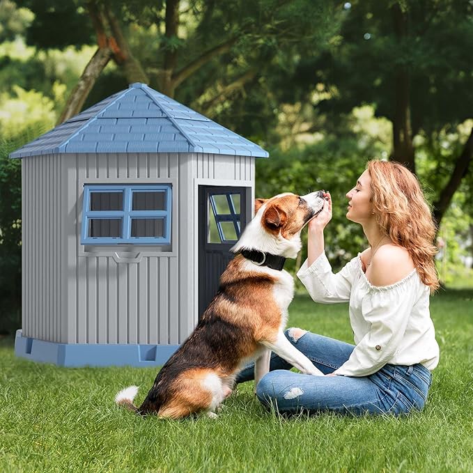 DRATO Dog House Indoor Outdoor Durable Large Dog Shelter with Outside Dog Kennel with Window and Elevated Floor for Small Medium Dogs (Blue, by)