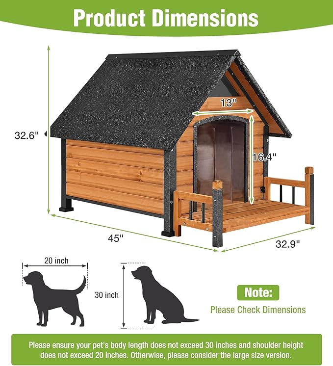 GUTINNEEN Insulated Dog House Outdoor, Waterproof Dog Kennel with Anti-Bite Design, Asphalt Roof, Elevated Base, PVC Curtain, for Small to Medium Dogs - Brown