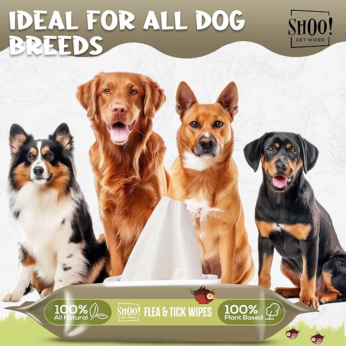 Shoo! Flea & Tick Wipes for Dogs | Convenient, Easy On-The-Go Protection | Plant Based, Natural Oils, Chemical Free | Repels & Prevents | 50 XL Wipes | (Woodland Harmony)