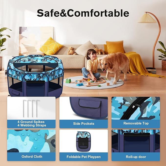 Dog Playpen, Pet Playpen, Portable Cat Playpen, Foldable Puppy Playpen Exercise Kennel Tent with Carry Case Collapsible Bowl,Water-Resistant Shade Cover for Indoor Outdoor Travel (Bule,Medium)