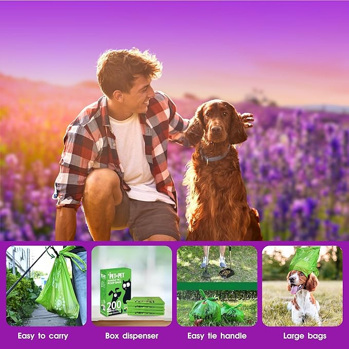 Pet N Pet 200 Counts Lavender Scented Dog Poop Bags Rolls with Tie Handles, 38% Plant Based & 62% PE Poop Bags for Dogs, Extra-Thick Doggie Poo Bag, Pet Waste Bag