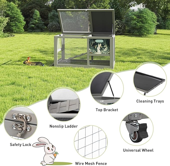 COZIWOW Fashionable Wood 36In Rabbit Hutch Indoor on Wheels Bunny Cage Outdoor Rabbit Cage with Clean Tray, Openable Roof, Anti-Slip Ramp for Small Bunny Rabbit (Grey with Pattern)