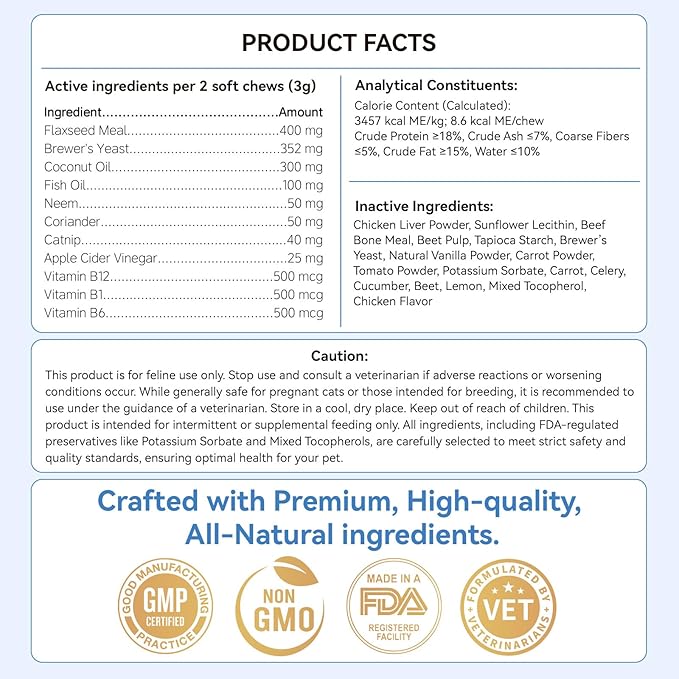 Flea and Tick Prevention for Cats, 200 Soft Chews for Fleas Treatment for Cats, Natural Cat Oral Flea Chewables Support Supplement, Flea and Tick Chews for All Breeds & Sizes