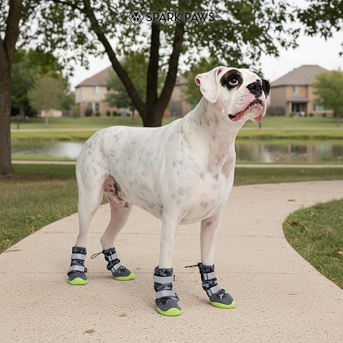 Spark Paws Dog Shoes, Waterproof Dog Boots for Medium to Large Dogs, Non Slip, Breathable Dog Booties and Paw Protectors - 4PCS Doggie Hiking Boots with Reflective Straps, Gray Camo, Size 3