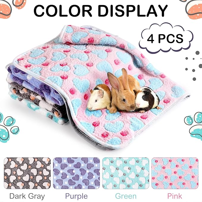Reginary 4 Pcs Waterproof Guinea Pig Blankets Washable Small Animal Fleece Bedding Absorbent Guinea Pig Cage Liners Reusable Pet Pee Pad Sleep Mat for Hamster Ferret(Heart Pattern,24 x 16 Inch)