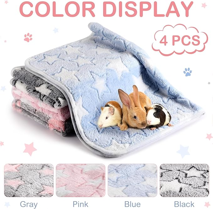 Reginary 4 Pcs Waterproof Guinea Pig Blankets Washable Small Animal Fleece Bedding Absorbent Guinea Pig Cage Liners Reusable Pet Pee Pad Sleep Mat for Hamster Ferret(Cute Star Pattern,24 x 47 Inch)