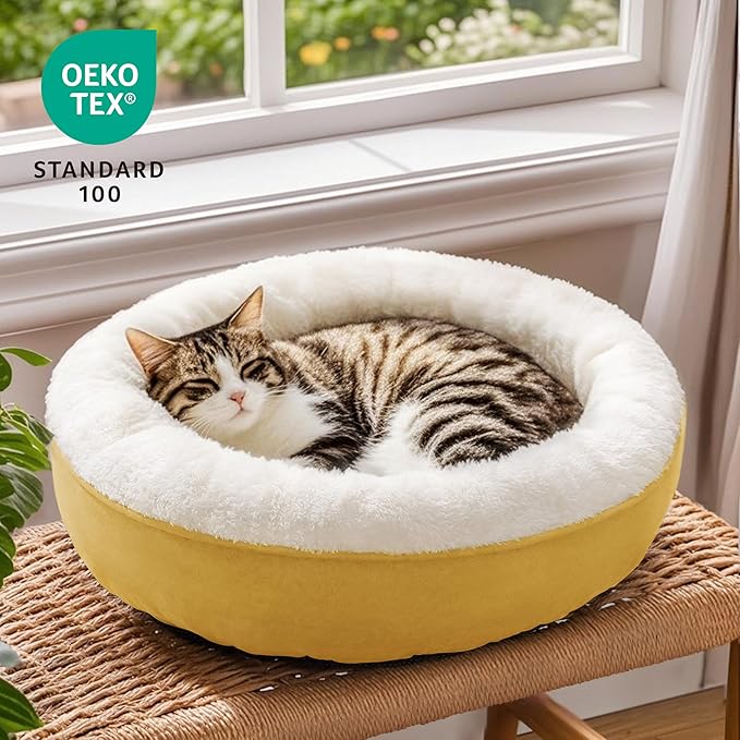 Love's cabin Yellow Round Donut Cat Bed, 20x20in, Soft Durable Fabric, Anti-Slip Water-Resistant, Washable Pet Bed