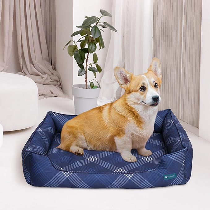 Orthopedic Bolster Dog Bed β CertiPUR-US Foam, Recycled Polyester Canvas, Washable Cover, Anti-Slip Bottom, Medium, Navy Plaid β Stylish Designer Dog Sofa