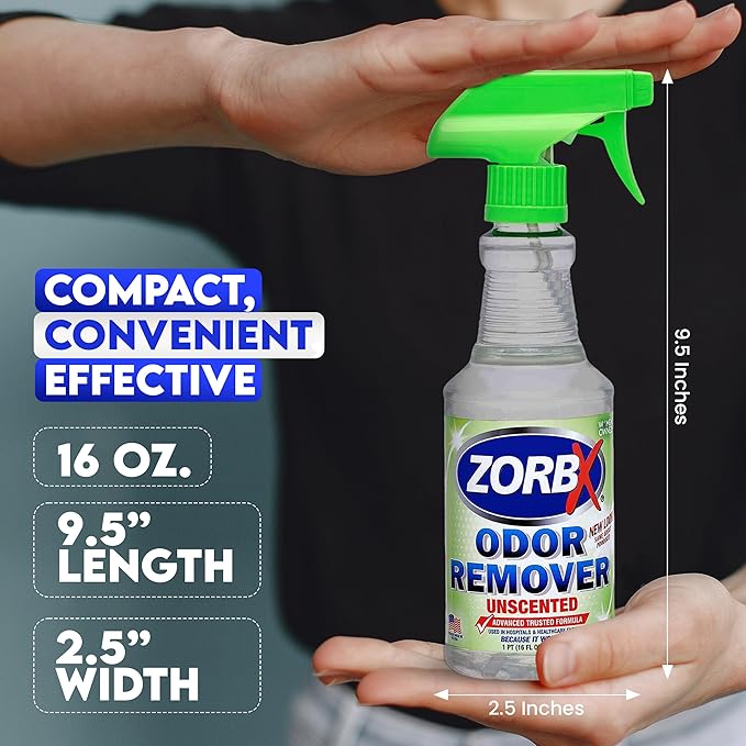ZORBX Unscented Odor Eliminator for Strong Odor 16 Fl Oz - Used in Hospitals & Healthcare Facilities - Advanced Trusted Formula, Fast-Acting Odor Remover Spray for Dog, Cat, House & Carpet