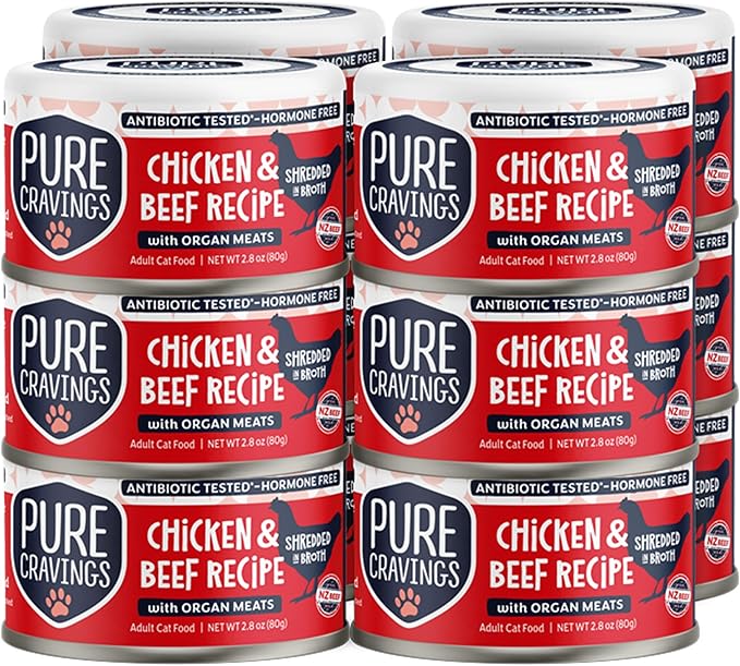 Chicken and Beef Recipe in Broth, Shredded Wet Cat Food, Grain-Free Protein, Non-GMO, 12 Pack