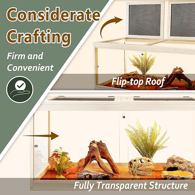 PROLEE Tempered Glass Bearded Dragon Tank,28 Gallon Reptile Tank with Meatl Mesh Roof and Front Sliding Door, Anti-Scratch Lizard Tank,Spacious Reptile Enclosure for Snakes,Lguanas, Chameleons(Oak)