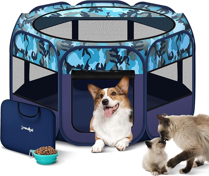 Dog Playpen, Pet Playpen, Portable Cat Playpen, Foldable Puppy Playpen Exercise Kennel Tent with Carry Case Collapsible Bowl,Water-Resistant Shade Cover for Indoor Outdoor Travel (Bule,Medium)
