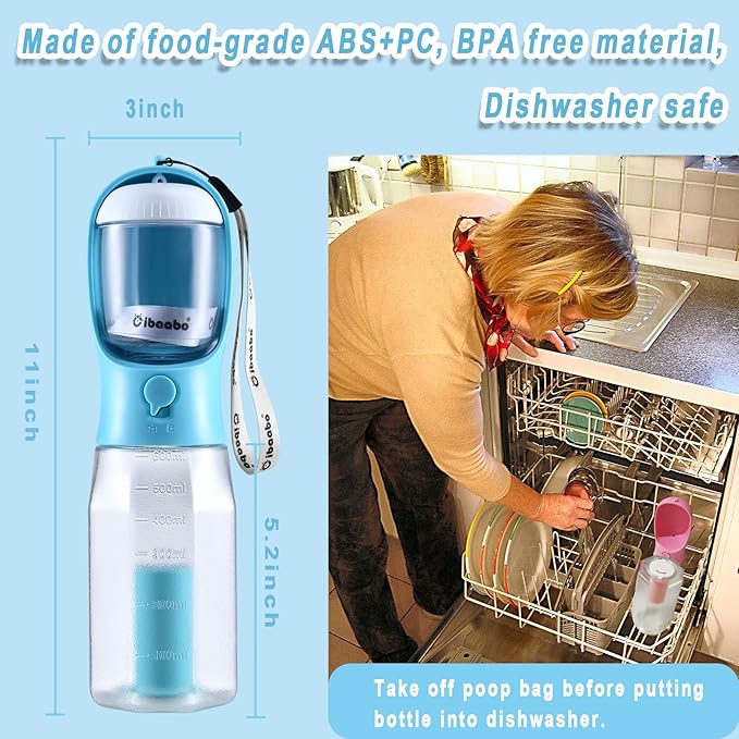 Dog Water Bottle with Food Container & Poop Bag Holder, Travel Water Bowl, Portable Pet Dispenser, Dog Stuff Accessories Items, Puppy Essentials Necessities for Walking Hiking Dog Gift