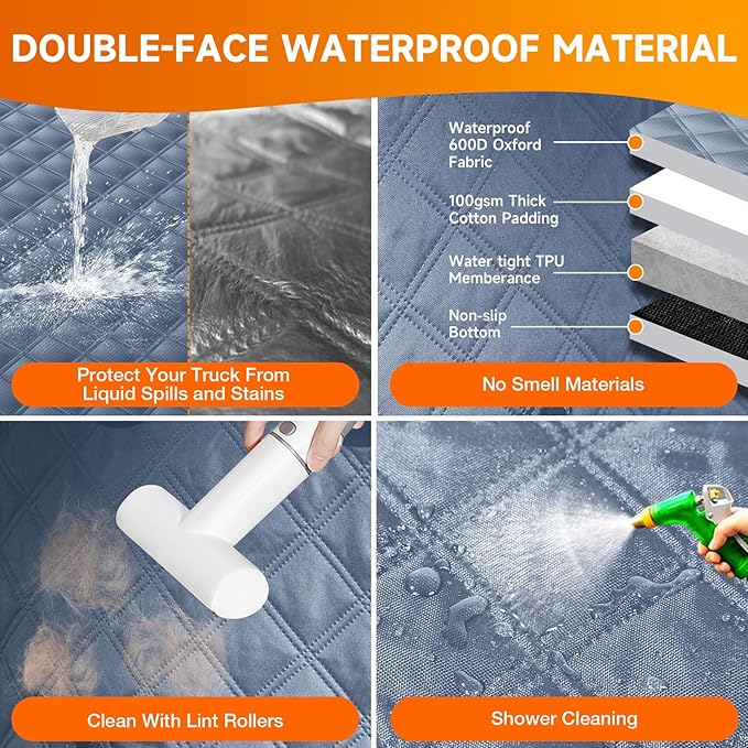 XL Dog Truck Seat Cover with Car Door Protector - Waterproof Full Coverage Back Seat Cover for Trucks with Flip-Up Rear Seats, Fits Full-Size Crew Cab Models Like F150 & F250